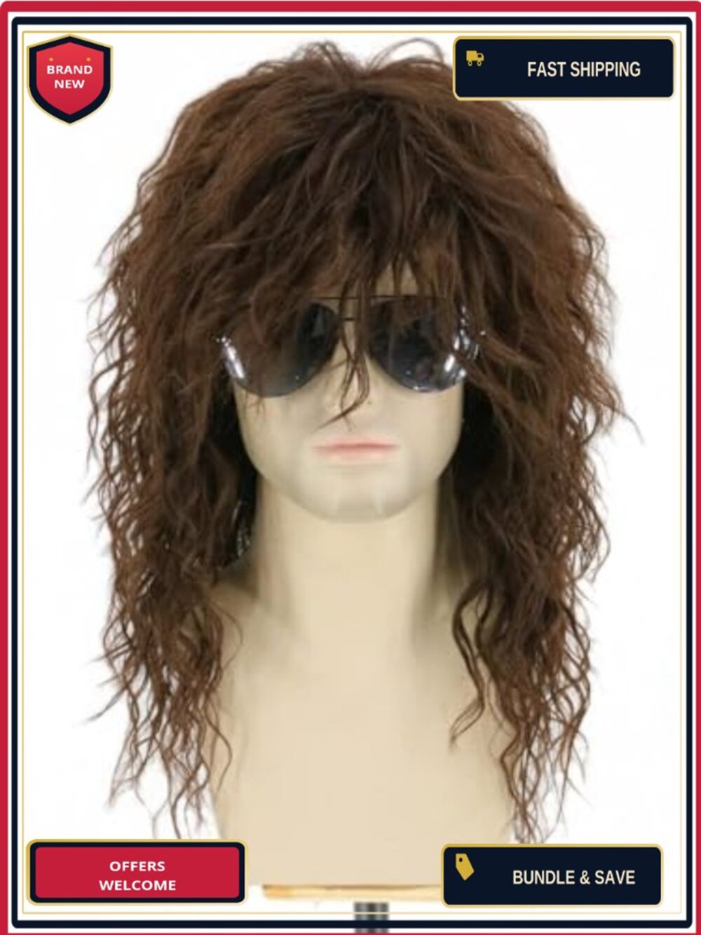 Men's 80s Mullet Wig Heat Resistant Synthetic Fiber Curly for Rock Disco Party